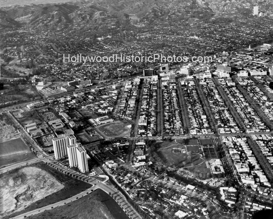 Century City, on the left, Roxbury Park, and Santa Monica Blvd. at top 1967.jpg